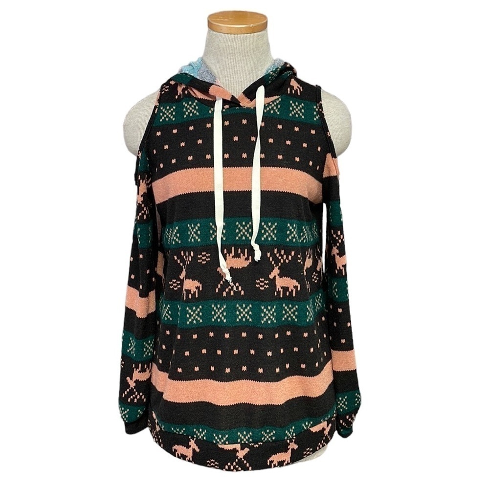 Miss U Sweater Christmas Womens Large Black Green NWT Winter Cold Shoulder